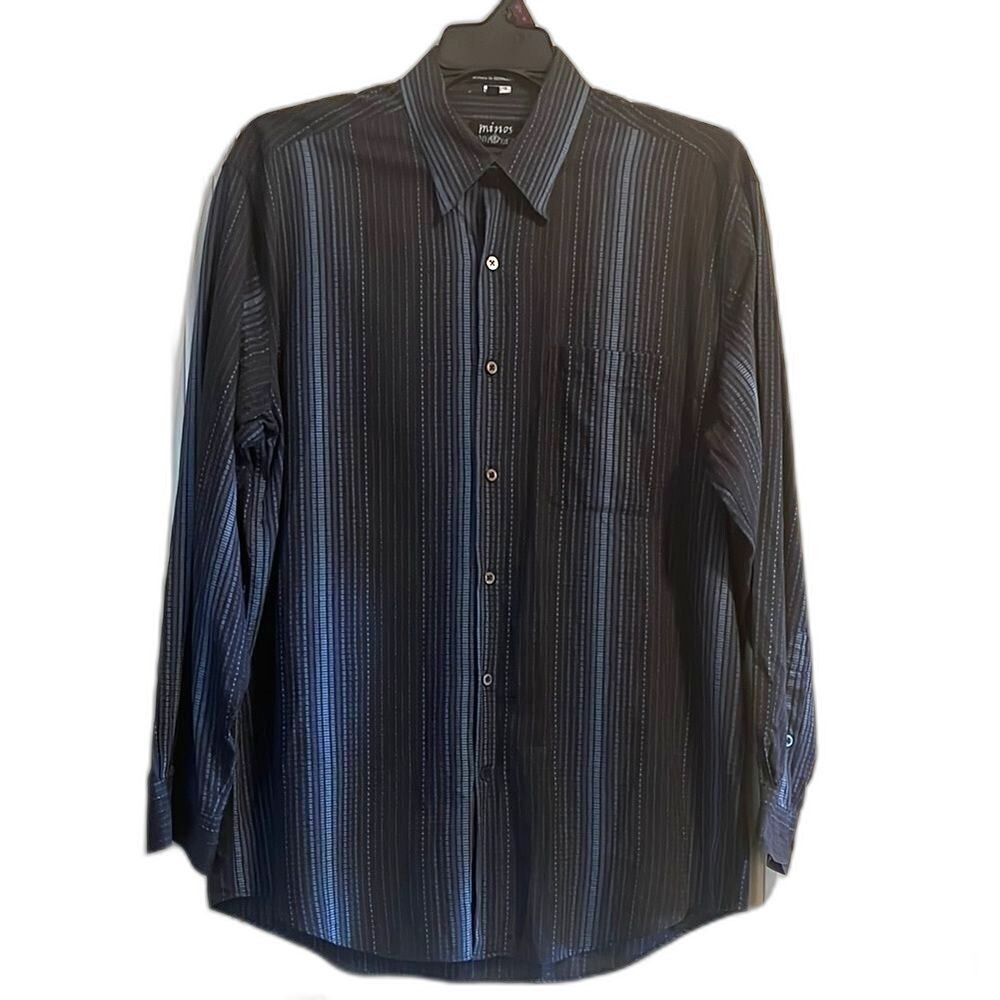 Mens Button Up Dress Shirt L Classic Fit Blue Black Stripe Minimalist Workwear
